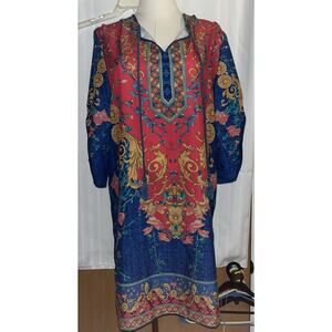 Urban CoCo Floral Tunic Top Blue Pink Gold W/Tassels Medium